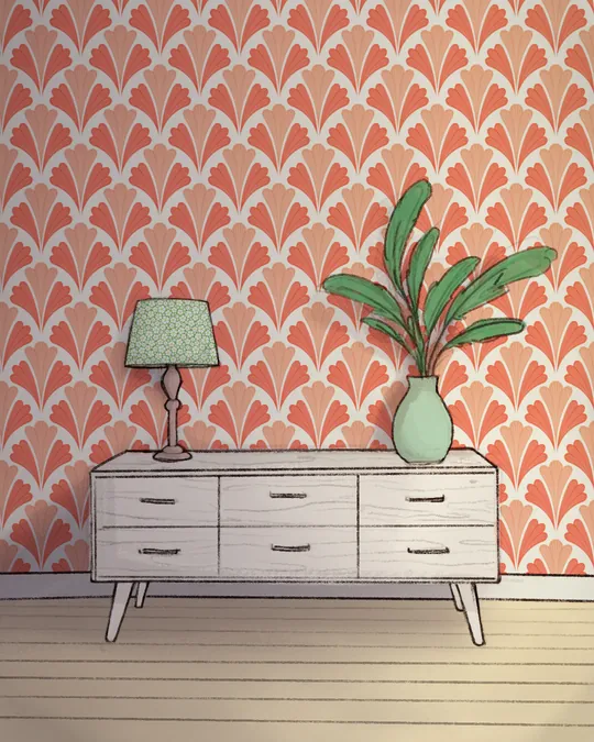 Living Room with Dresser, Plant and Lamp with Alabaster, Carmine pink, Dark salmon