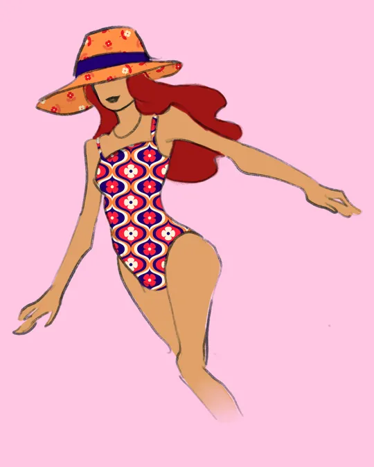 Woman in Swimsuit and Hat with Navy, Papaya whip, Awesome