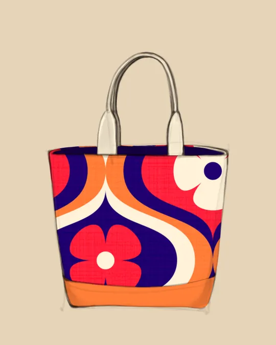 Retro Tote in Red, Cream, Indigo and Orange