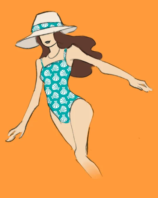 Woman in Swimsuit and Hat with Persian green, White, Viridian green