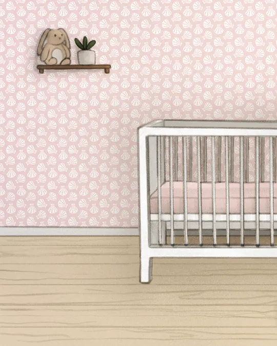 Sweet Nursery with a Crib and a Cute Plush Bunny with Champagne pink, White, Pink