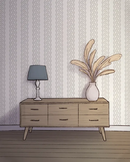 Calm Vintage Boho Living Room with Wavy Botanical Stripes Wallpaper