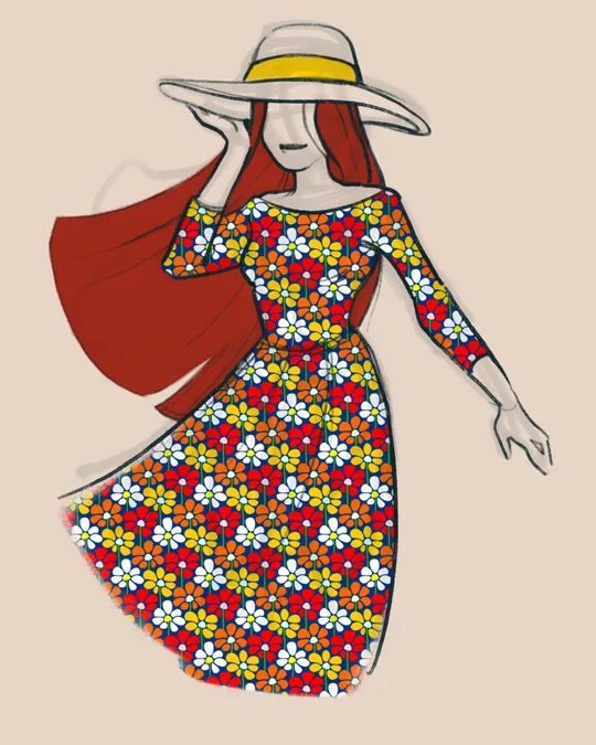 Woman in Dress and Hat with Red, White, Vivid orange