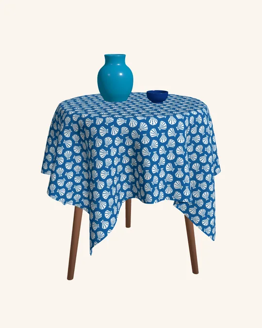 Blue Coastal Tablecloth with White Shells