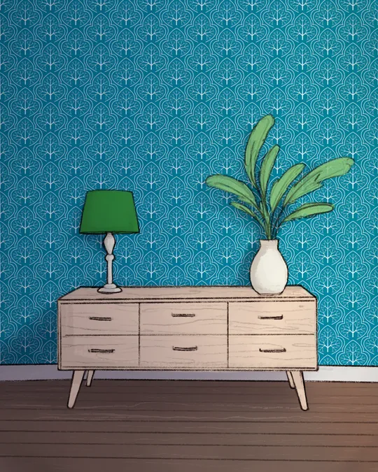 Living Room with Dresser, Plant and Lamp with Beige, Celadon blue