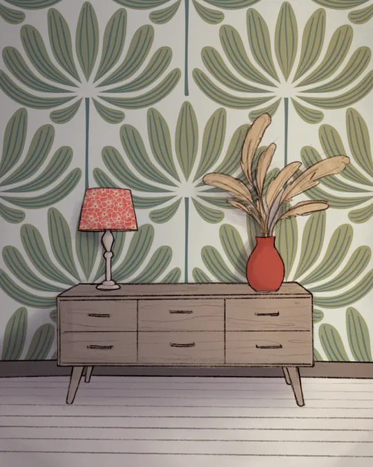 Delightful Dahlias Jumbo Size Floral Wallpaper in Sage Green and Teal