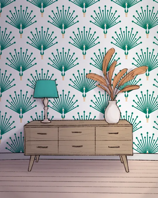 Art Deco Peacocks Living Room in Turquoise Teal and White