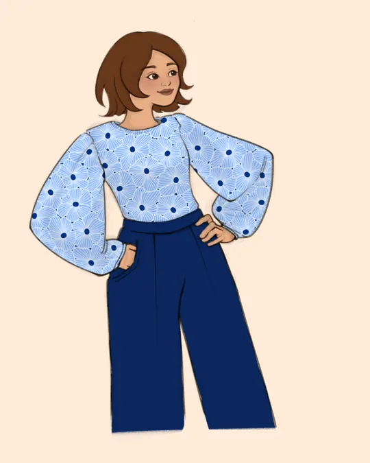Adam Blouse with Blue Anemones Floral Fabric