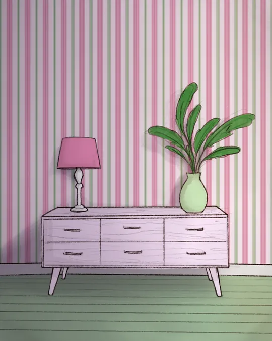 Pink and Green Living Room with Vintage Ticking Stripes