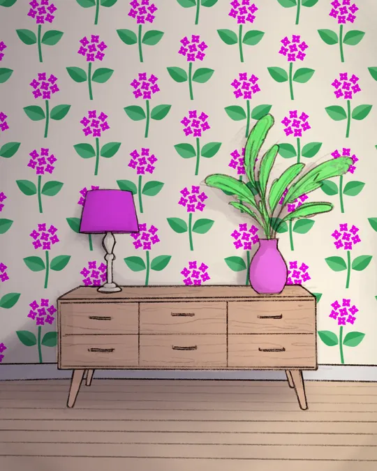 Living Room with Dresser, Plant and Lamp with Old lace, Wageningen Green, Fuchsia