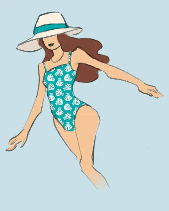Woman in Swimsuit and Hat with Persian green, White, Viridian green