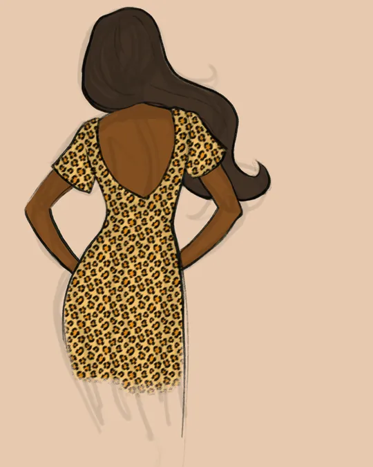 Woman with a Cocktail Dress, Back View with Persian orange, Black, Peru
