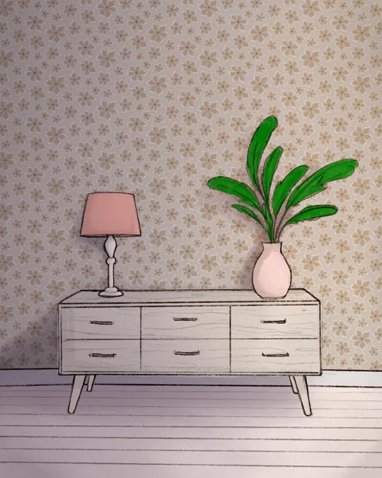 Living Room with Dresser, Plant and Lamp with Pale silver, Bone