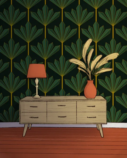 Emerald Green Art Deco Living Room with Cristal Palms