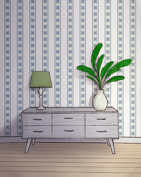 Living Room with Dresser, Plant and Lamp with Floral white, Alabaster, Pewter Blue