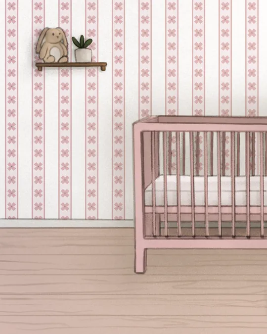 Baby Pink Nursery Room with Ribbon Flowers French Ticking Stripes