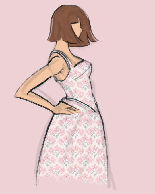 Woman with Summer Dress Side View with Eggshell, Cameo pink, Silver sand
