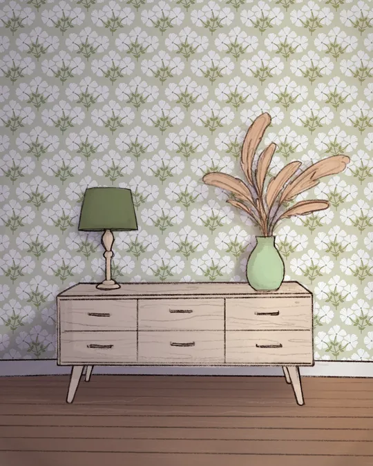 Sage Green Living Room with Garden Floral Wallpaper