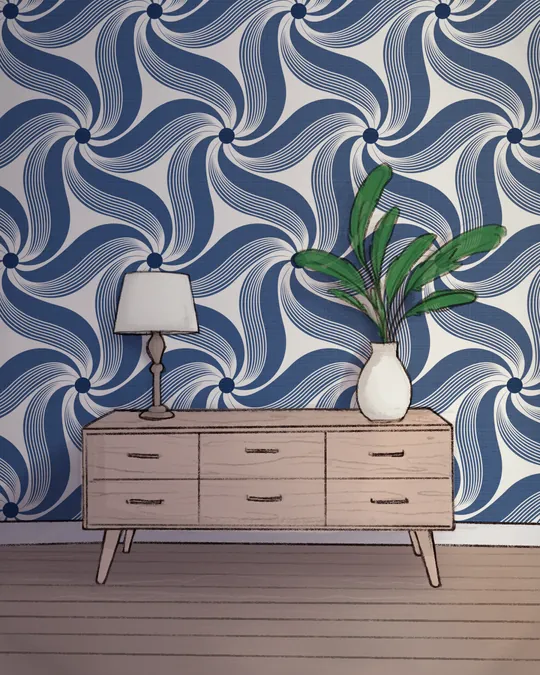 Coastal Living Room with Etoile de Jouy Jumbo Flower Stars Modern Toile Wallpaper