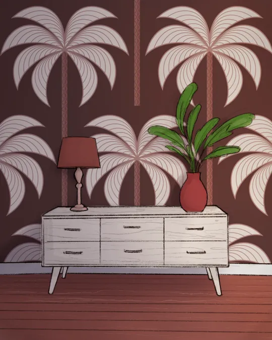 Maroon and Ivory Palms Living Room