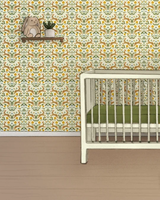 Sweet Nursery with a Crib and a Cute Plush Bunny with Baby powder, Fern green