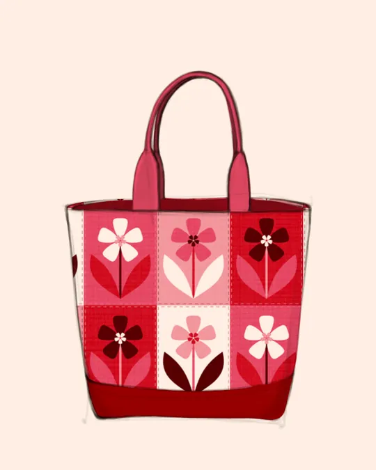 Red Retro Patchwork Flowers Tote Bag