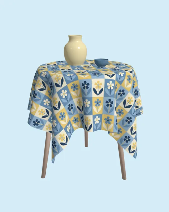 Light Blue and Butter Yellow Floral Patchwork Tablecloth