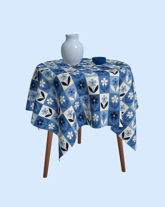 Delft Blue, Navy and Cream Floral Patchwork Tablecloth