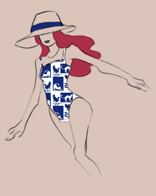 Mediterranean Cats Blue and White Swimsuit