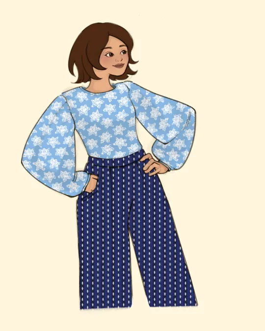 Snow Angels and Diamond Snowflakes Blue Adam Top with Puff Sleeves