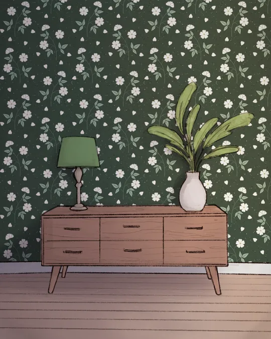 Living Room with Dresser, Plant and Lamp with Gray-asparagus, Eggshell, Cambridge Blue
