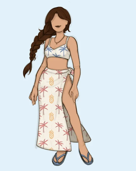 Woman with Swimsuit and Sarong / Pareo with Almond, Pink Sherbet, Pewter Blue