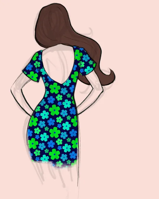 Retro Neon Green, Turquoise and Navy Blue Floral Dress