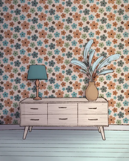 Living Room with Dresser, Plant and Lamp with Almond, Camel, Weldon Blue