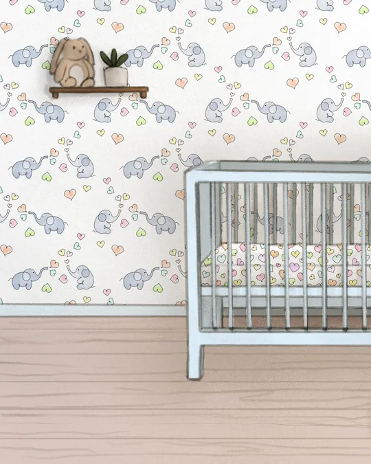 Sweet Nursery with a Crib and a Cute Plush Bunny with White, Beau blue, Light cyan