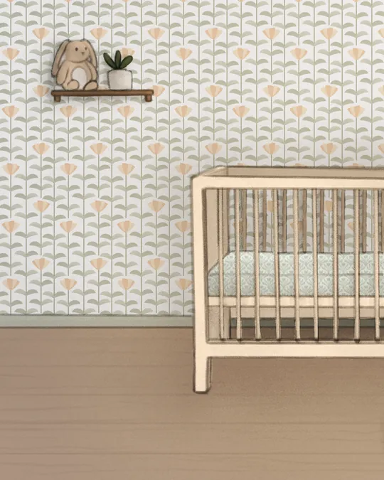 Soft Pastel Peach, Sage and Beige Poppies Nursery Room