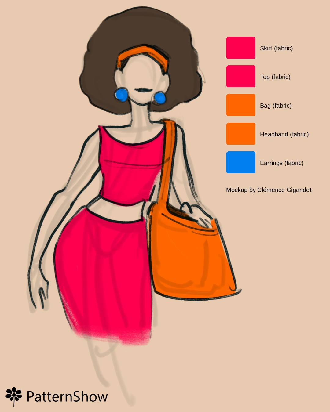 Woman with Skirt, Top, Headband and Bag