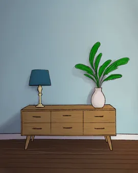 Living Room with Dresser, Plant and Lamp