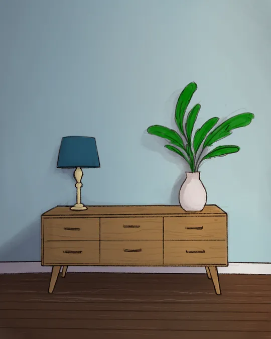 Living Room with Dresser, Plant and Lamp