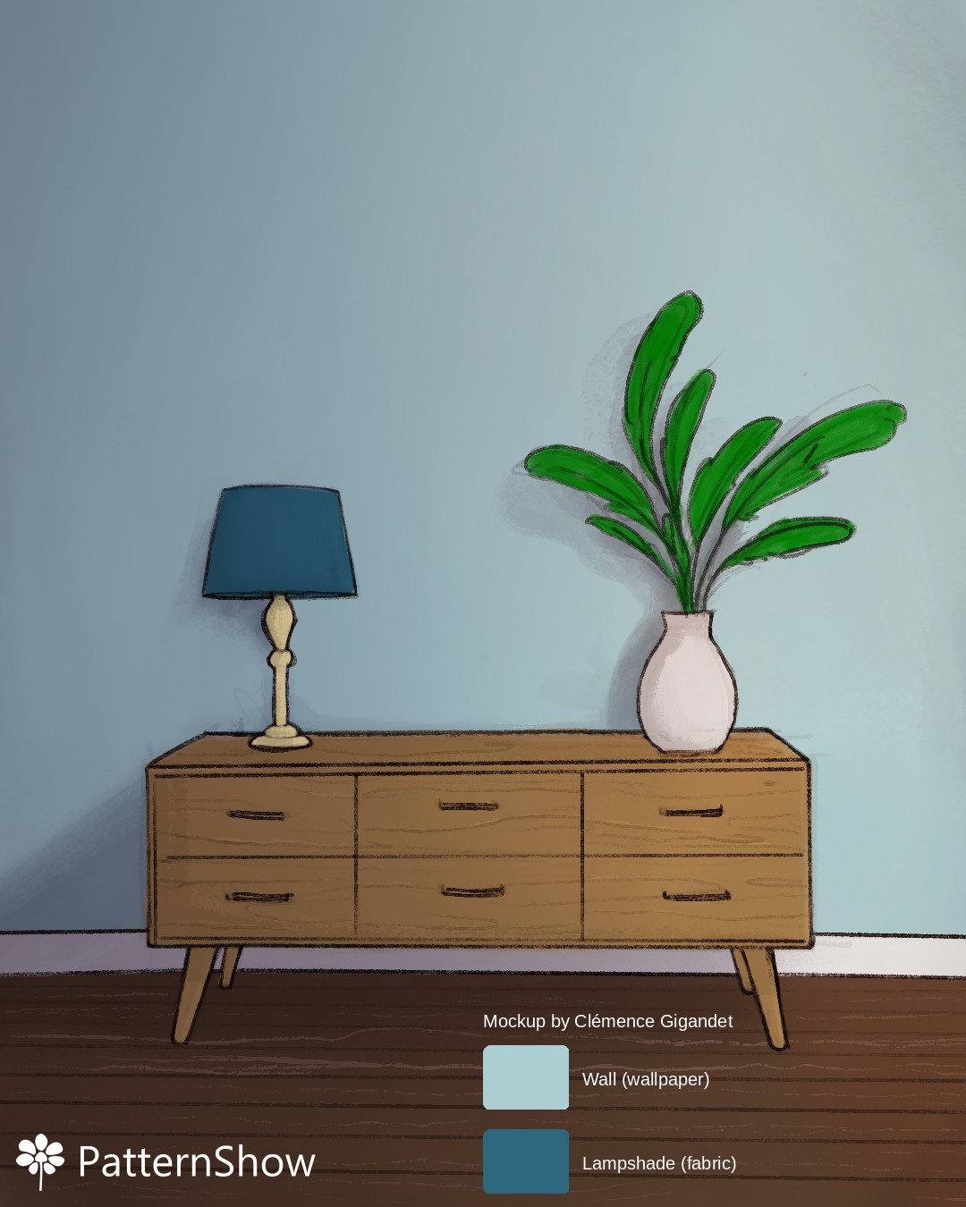 Living Room with Dresser, Plant and Lamp