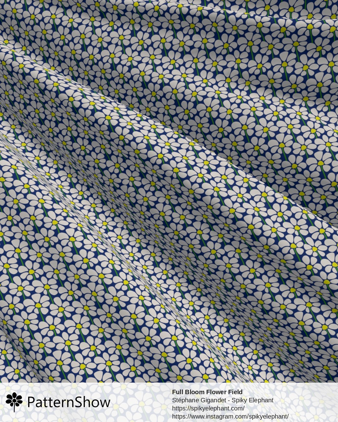 Full Bloom Flower Field - White on Navy Blue
