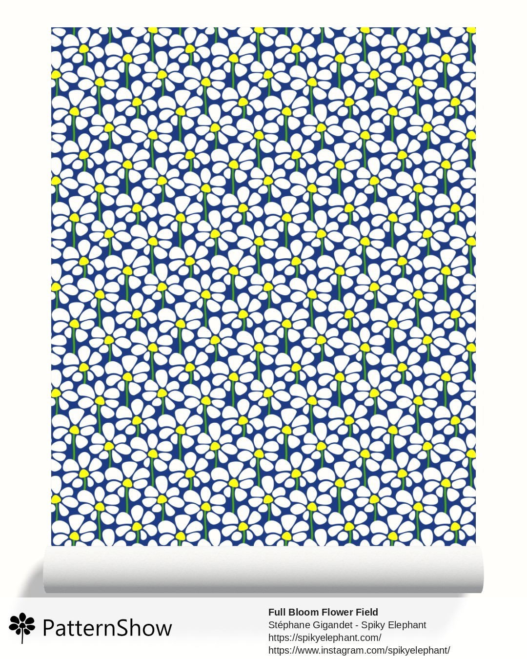Full Bloom Flower Field wallpaper - White on Navy Blue