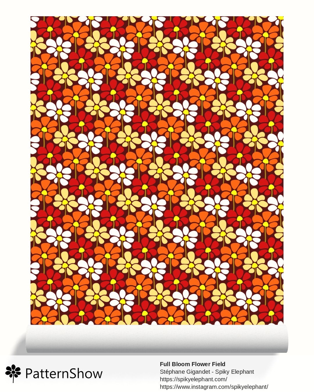 Full Bloom Flower Field wallpaper - Fall Red Orange Yellow White on Brown