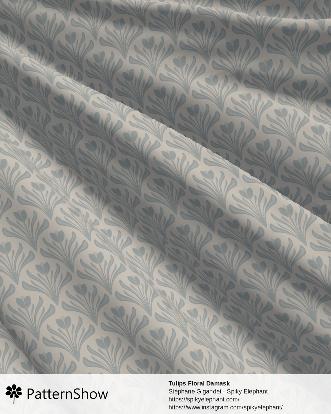 Tulips Floral Damask - Muted Silver Blue Grey Off Whit
