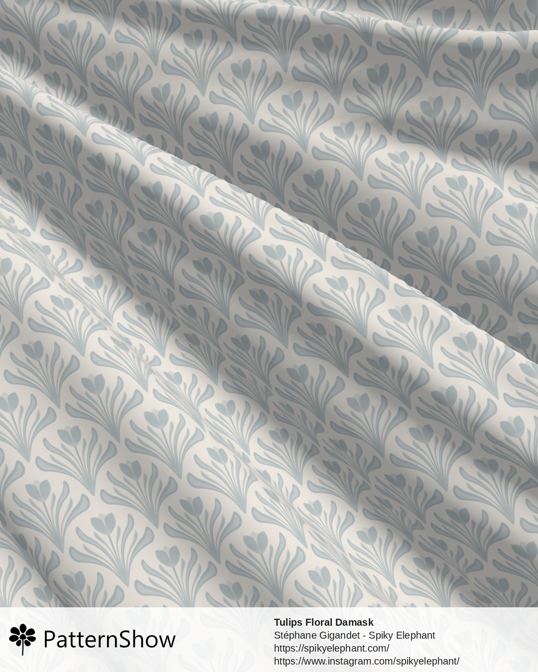 Tulips Floral Damask - Muted Silver Blue Grey Off Whit