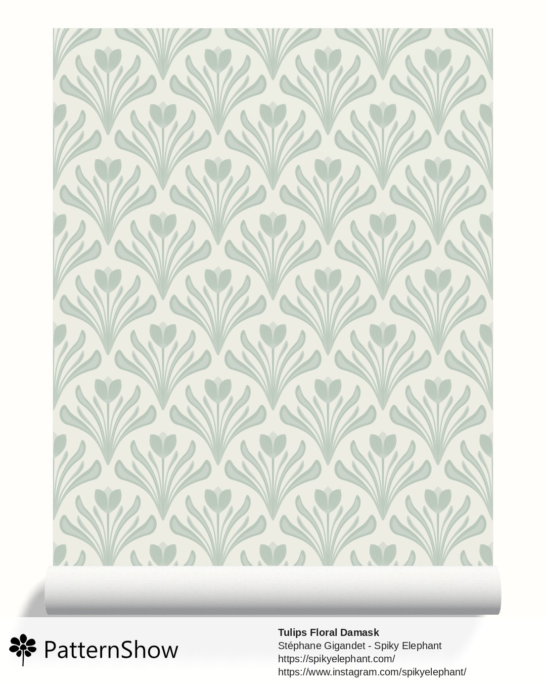Tulips Floral Damask wallpaper - Muted Pastel Sage Green