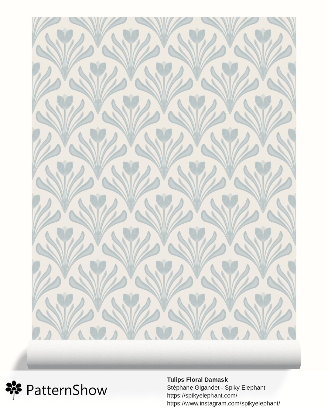 Tulips Floral Damask wallpaper - Muted Silver Blue Grey Off Whit