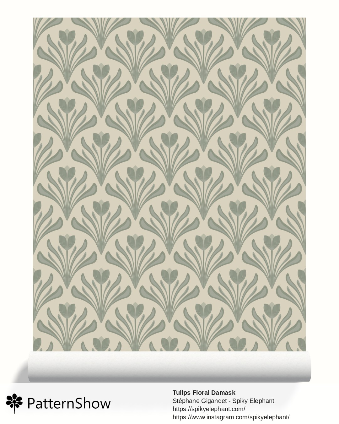 Tulips Floral Damask wallpaper - Dark Sage Green Dusty Artichoke