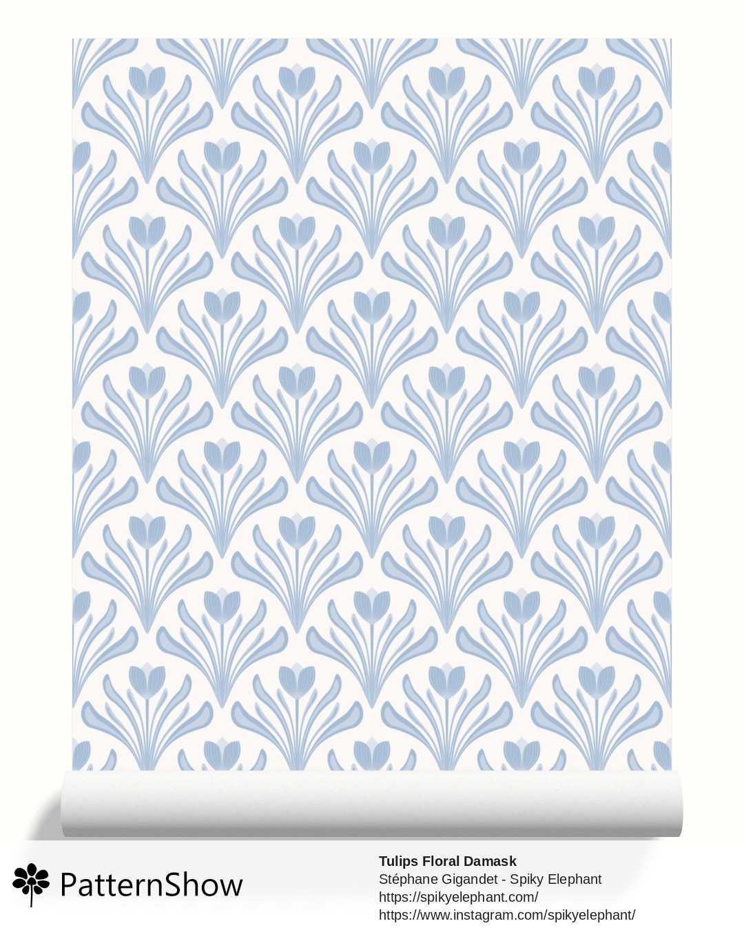 Tulips Floral Damask wallpaper - Blue Ivory Cream