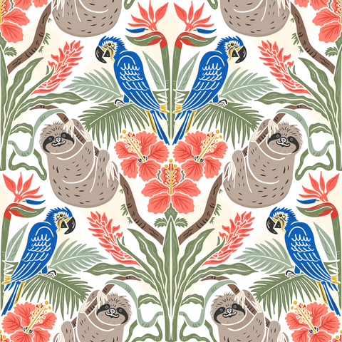 Tropical Sloth Macaw Linocut Mirror Floral Sage Cobalt Mustard Olive (S)